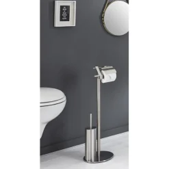 Ensemble WC avec porte papier et brosse intégrée, pied en Inox massif Argenté