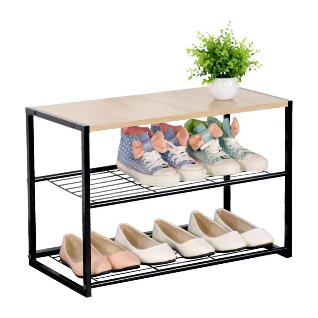 Etagère à chaussures 3 niveaux en acier et en bois Beige