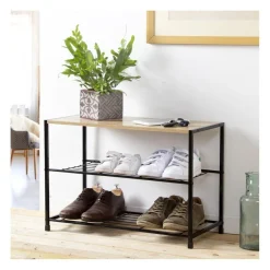 Etagère à chaussures 3 niveaux en acier et en bois Beige