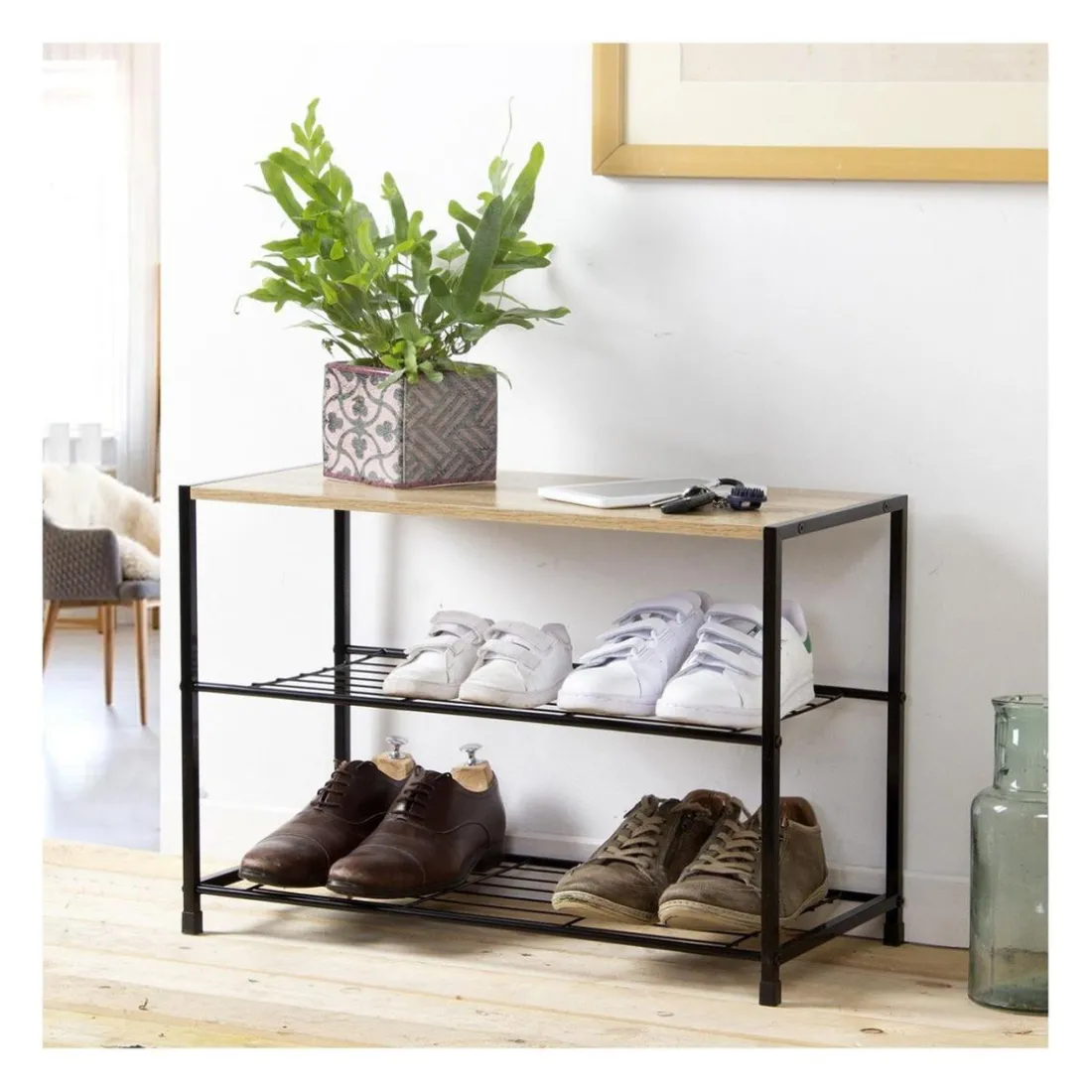 Etagère à chaussures 3 niveaux en acier et en bois Beige