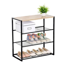 Etagère à chaussures 4 niveaux en acier et en bois Beige