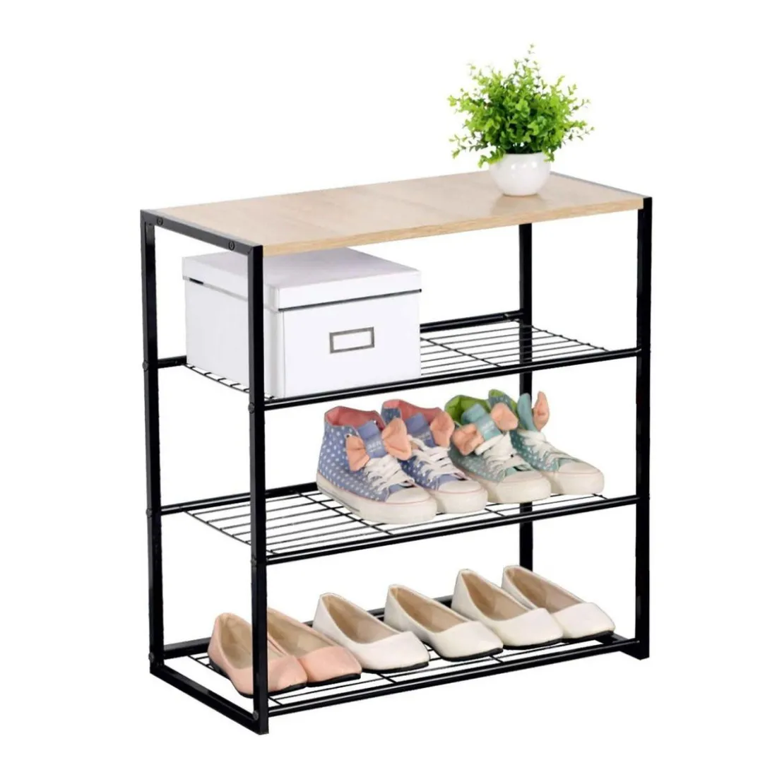 Etagère à chaussures 4 niveaux en acier et en bois Beige