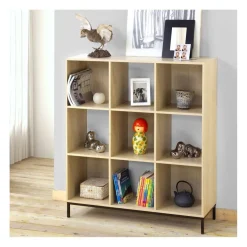 Etagère de rangement 9 cases en bois avec pieds métal