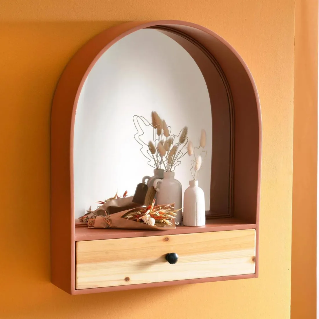 Etagère murale avec miroir integré RONDI orange terracotta