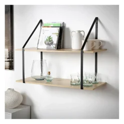 Etagère murale grande profondeur à 2 niveaux en bois support métal