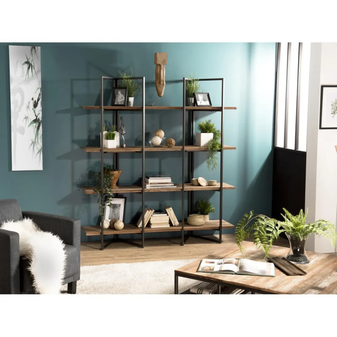 Etagère SIXTINE 4 Niveaux Bois Teck Recyclé Acacia Mahogany Et Métal