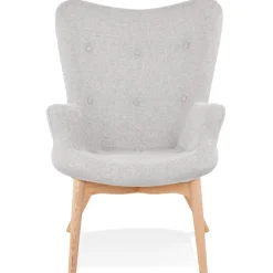 Fauteuil à oreille 'ROBY' en tissu gris et pieds en bois