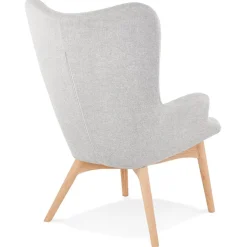 Fauteuil à oreille 'ROBY' en tissu gris et pieds en bois