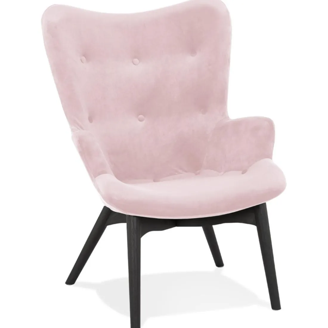 Fauteuil à oreilles 'RUBEN' en velours rose et pieds en bois noir