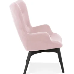 Fauteuil à oreilles 'RUBEN' en velours rose et pieds en bois noir