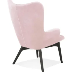 Fauteuil à oreilles 'RUBEN' en velours rose et pieds en bois noir