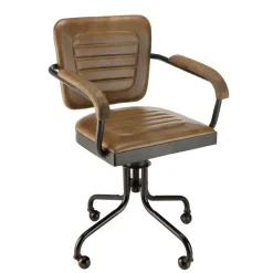Fauteuil à roulettes assise et accoudoirs matelassée en cuir et en bois de manguier MARCEL Marron