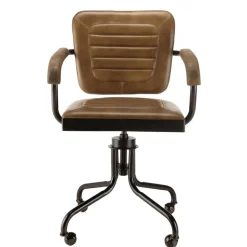 Fauteuil à roulettes assise et accoudoirs matelassée en cuir et en bois de manguier MARCEL Marron