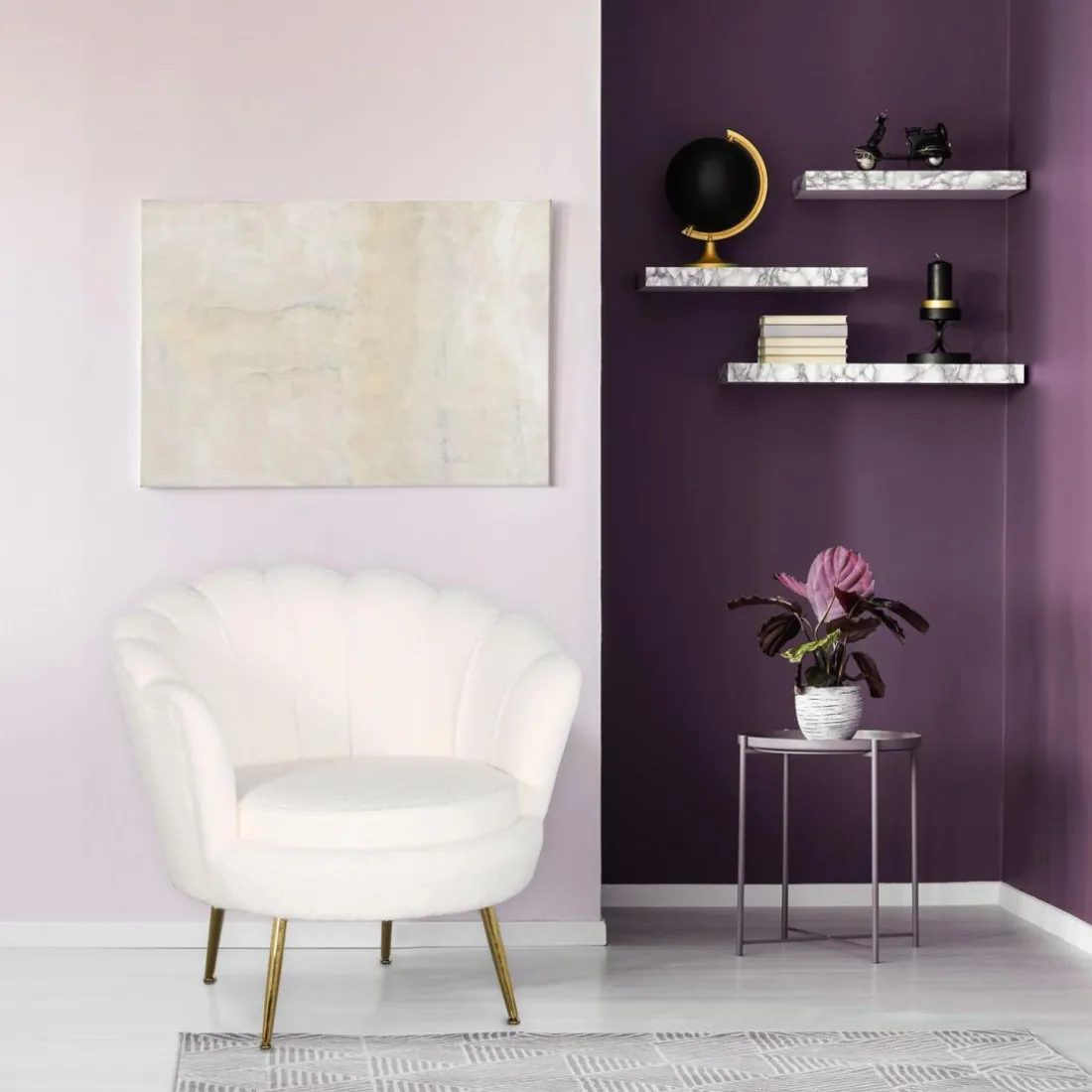 Fauteuil arrondi style boudoir glamour Andersen Tissu bouclette Crème