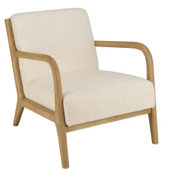 Fauteuil bas tissu bouclette écru structure et accoudoirs bois PIERRE