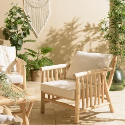 Fauteuil BORNEO en branches de teck naturel coussins blancs WILL