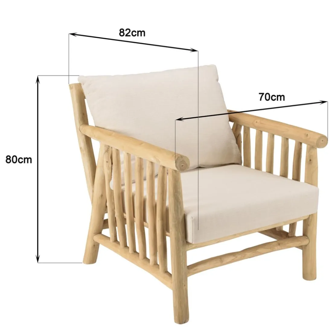 Fauteuil BORNEO en branches de teck naturel coussins blancs WILL