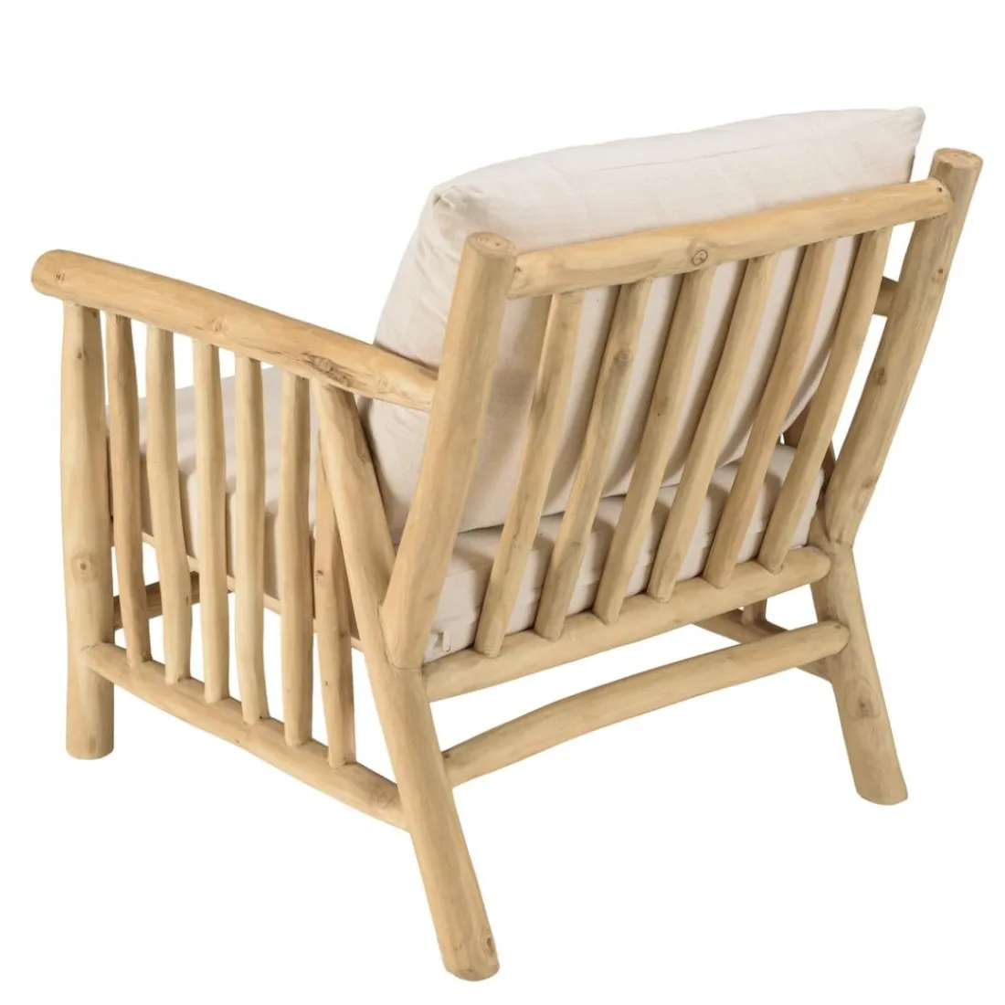 Fauteuil BORNEO en branches de teck naturel coussins blancs WILL