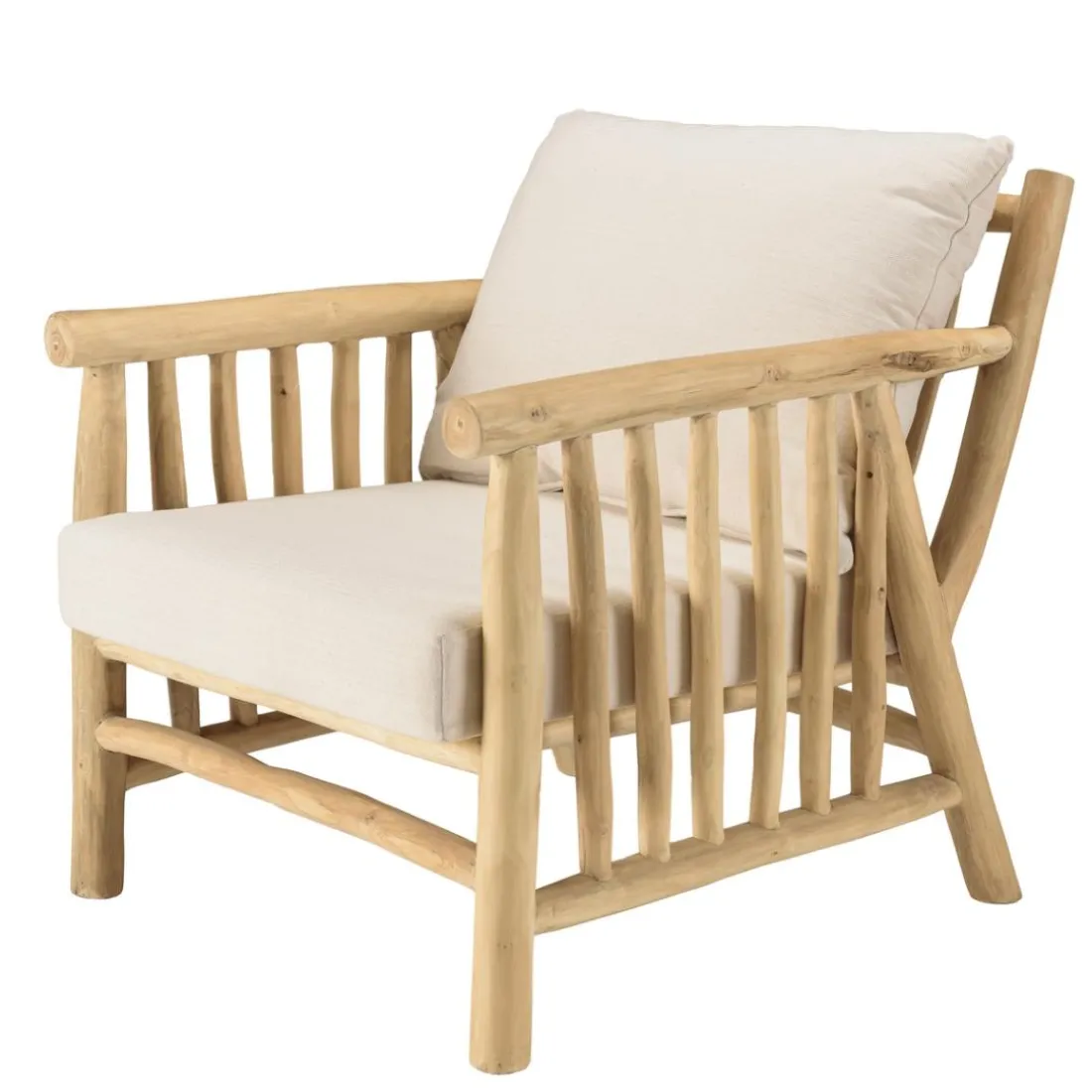 Fauteuil BORNEO en branches de teck naturel coussins blancs WILL