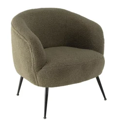 Fauteuil cosy tissu bouclette vert kaki pieds métal noir AGATHE
