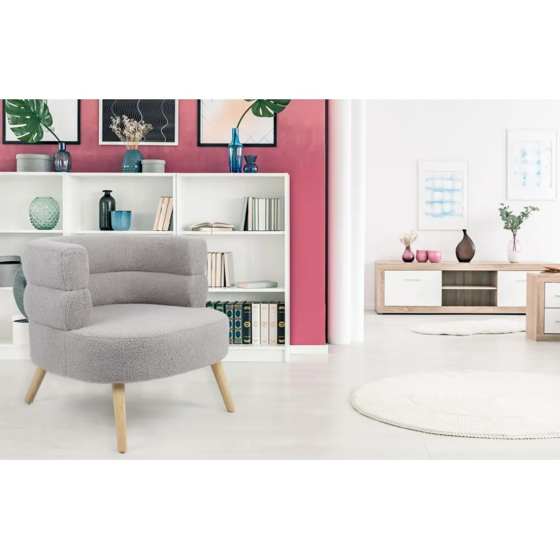 Fauteuil design scandinave arrondi Riviani Tissu bouclette Gris