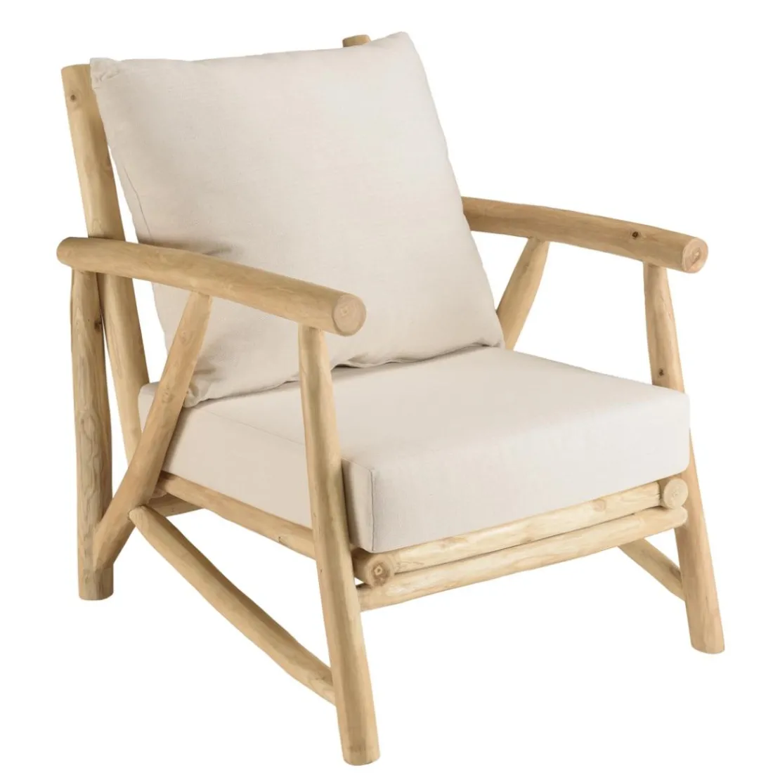 Fauteuil en branches de teck naturel avec coussins blancs MADURA
