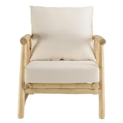 Fauteuil en branches de teck naturel avec coussins blancs MADURA