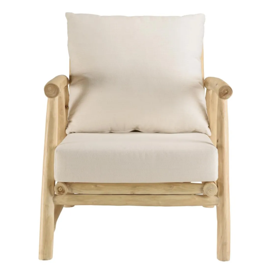 Fauteuil en branches de teck naturel avec coussins blancs MADURA