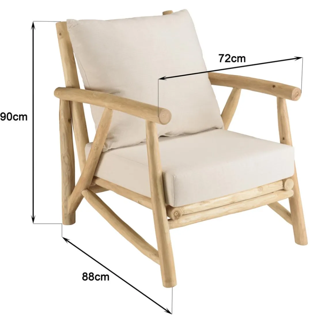 Fauteuil en branches de teck naturel avec coussins blancs MADURA
