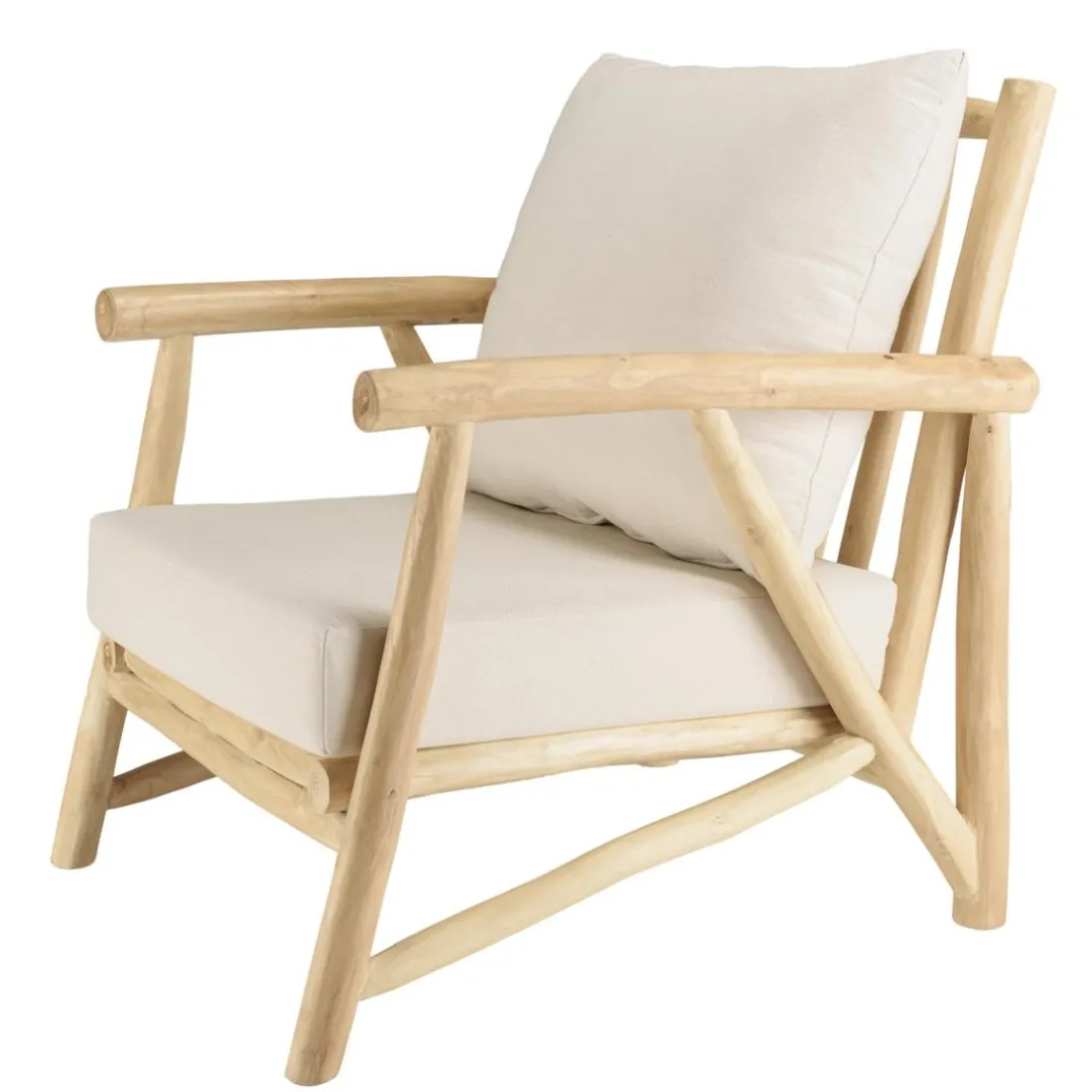 Fauteuil en branches de teck naturel avec coussins blancs MADURA
