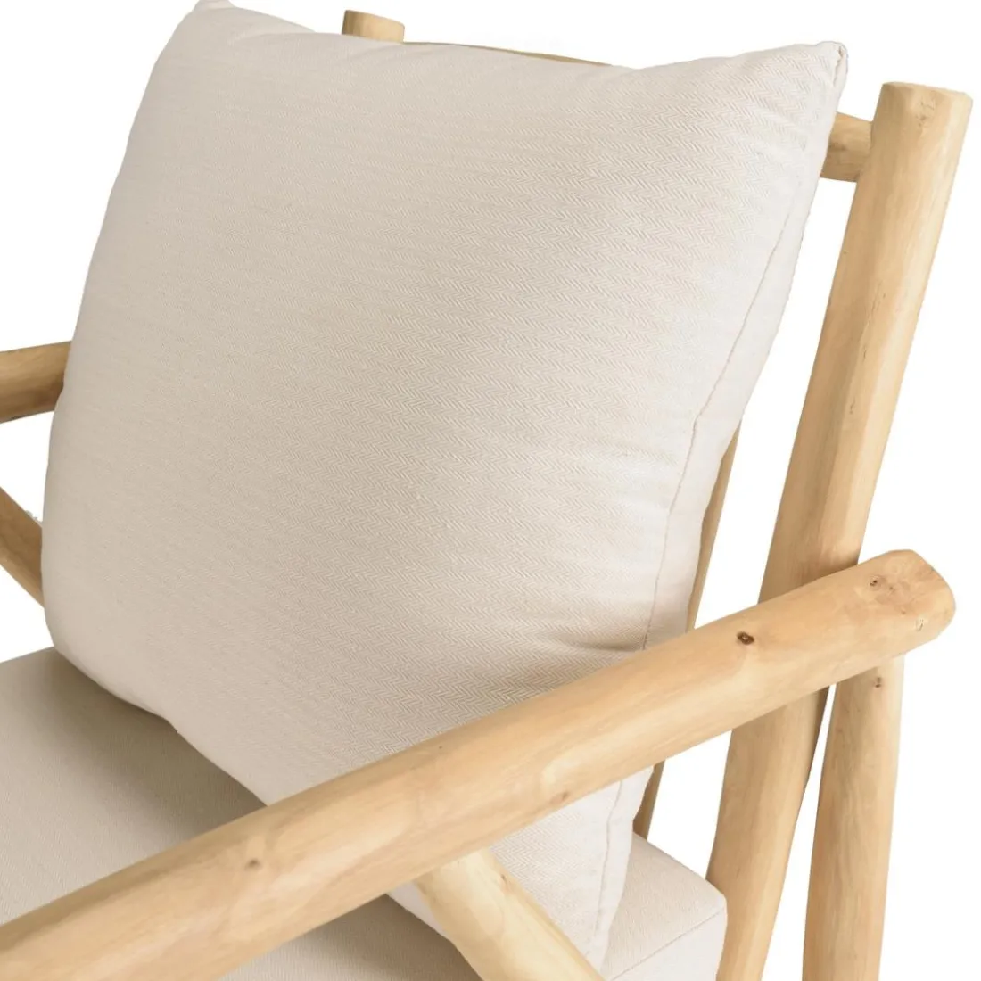 Fauteuil en branches de teck naturel avec coussins blancs MADURA