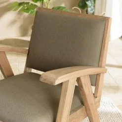 Fauteuil en Mindi, assise en tissu kaki chiné DAK