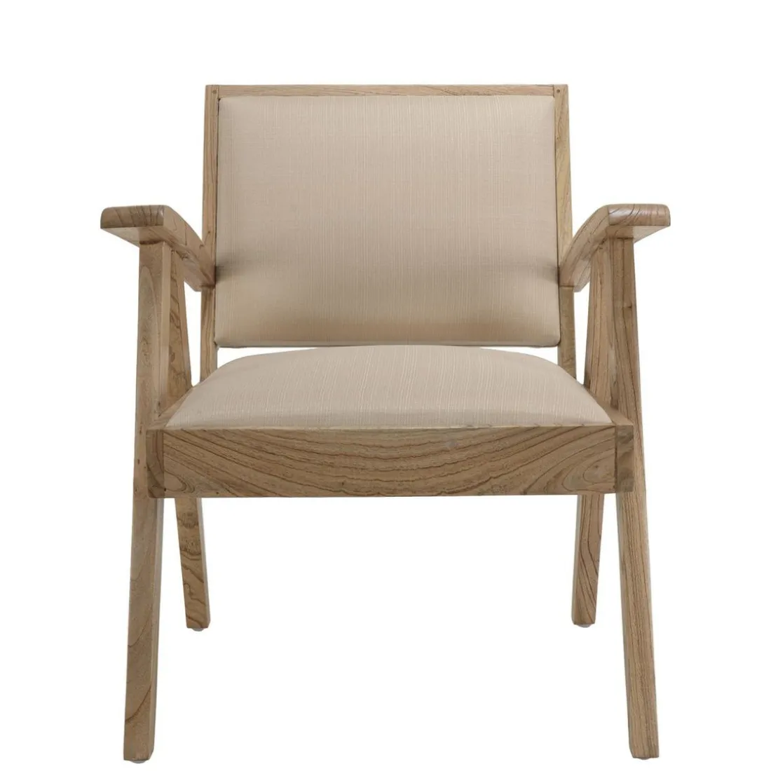 Fauteuil en Mindi, assise en tissu beige texturé