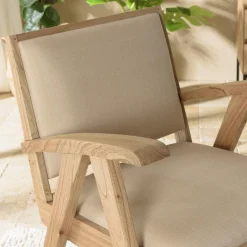 Fauteuil en Mindi, assise en tissu beige texturé