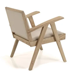 Fauteuil en Mindi, assise en tissu beige texturé