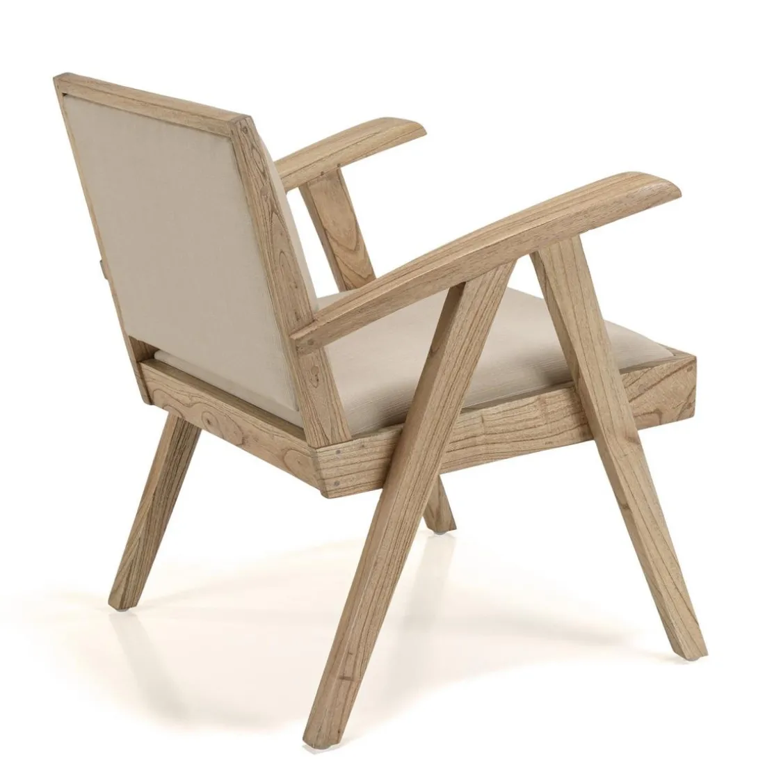 Fauteuil en Mindi, assise en tissu beige texturé