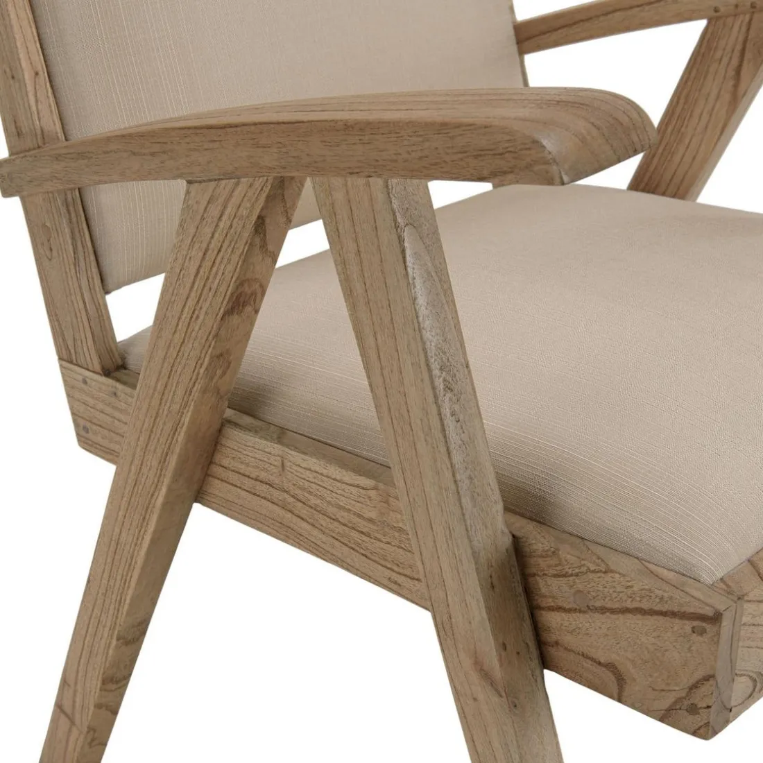 Fauteuil en Mindi, assise en tissu beige texturé