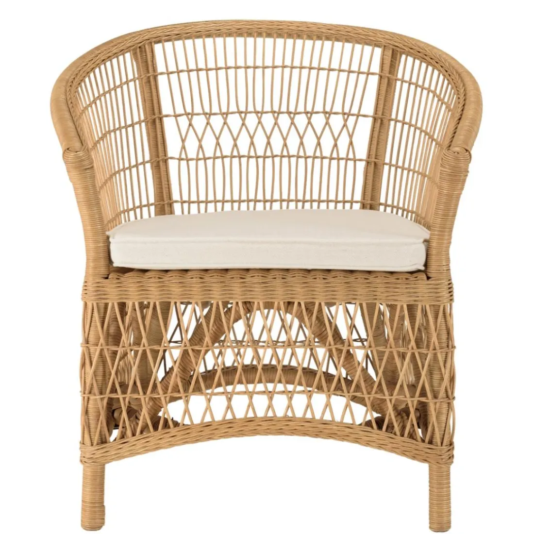 Fauteuil en rotin naturel avec coussin d'assise blanc KALLY