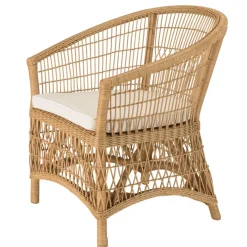 Fauteuil en rotin naturel avec coussin d'assise blanc KALLY