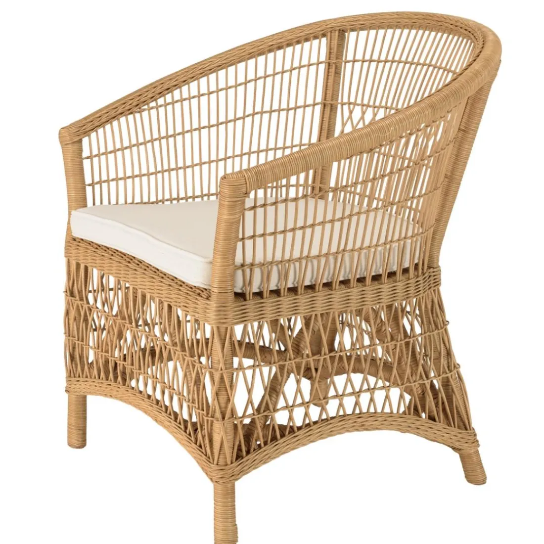 Fauteuil en rotin naturel avec coussin d'assise blanc KALLY