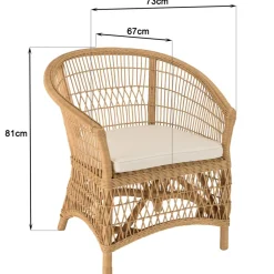 Fauteuil en rotin naturel avec coussin d'assise blanc KALLY