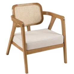 Fauteuil FLORES en teck avec dossier en cannage naturel et coussin gris WILL Marron