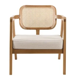 Fauteuil FLORES en teck avec dossier en cannage naturel et coussin gris WILL Marron