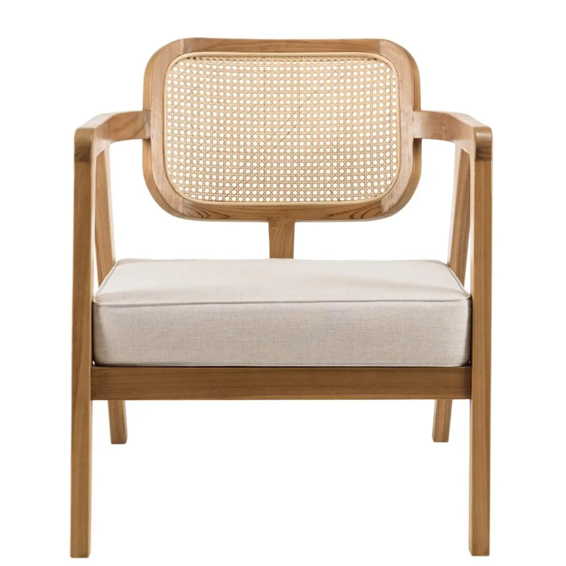 Fauteuil FLORES en teck avec dossier en cannage naturel et coussin gris WILL Marron