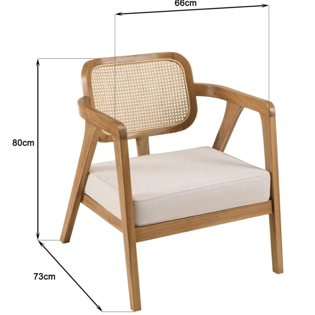 Fauteuil FLORES en teck avec dossier en cannage naturel et coussin gris WILL Marron