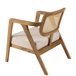 Fauteuil FLORES en teck avec dossier en cannage naturel et coussin gris WILL Marron