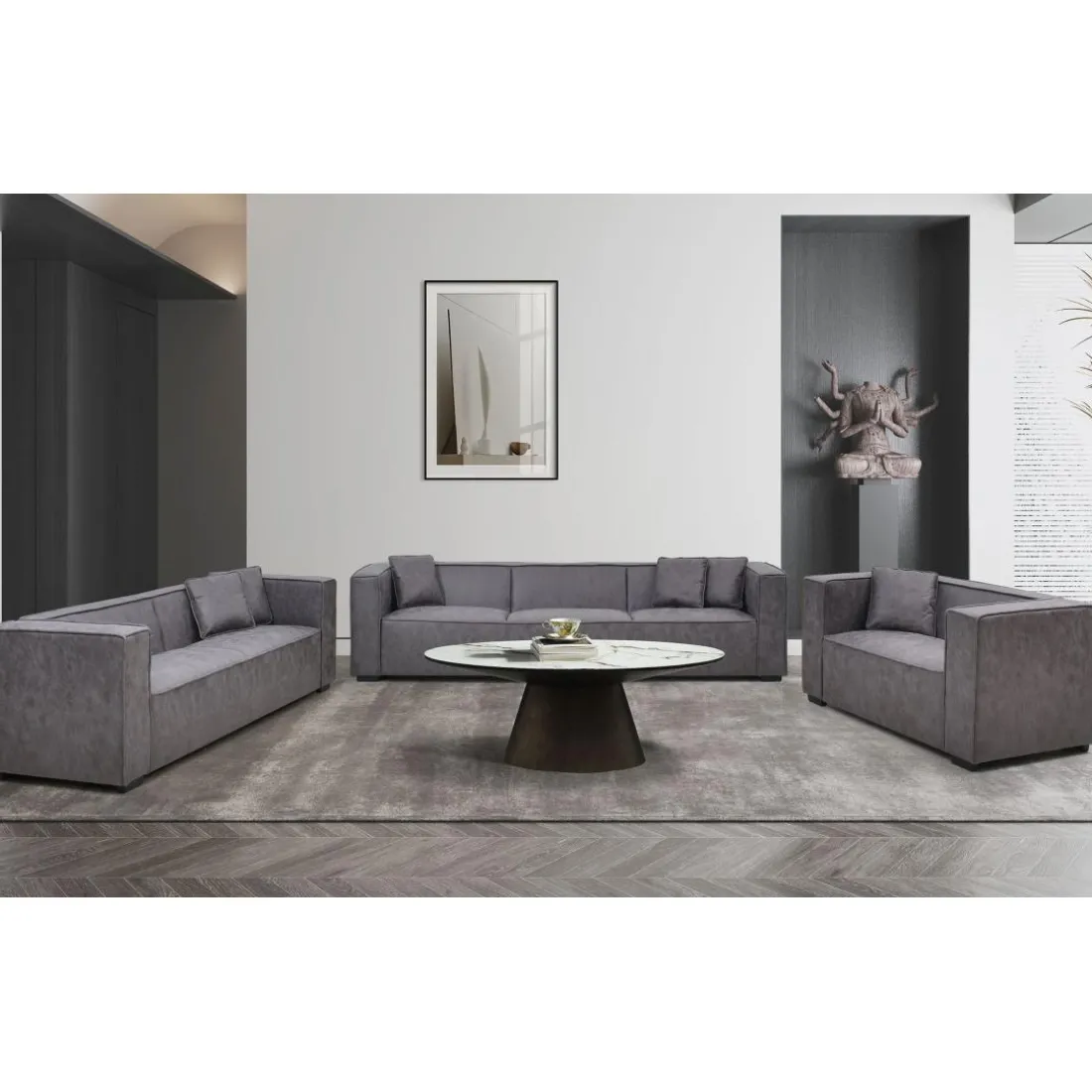 Fauteuil large Macao Tissu effet peau Vintage Gris