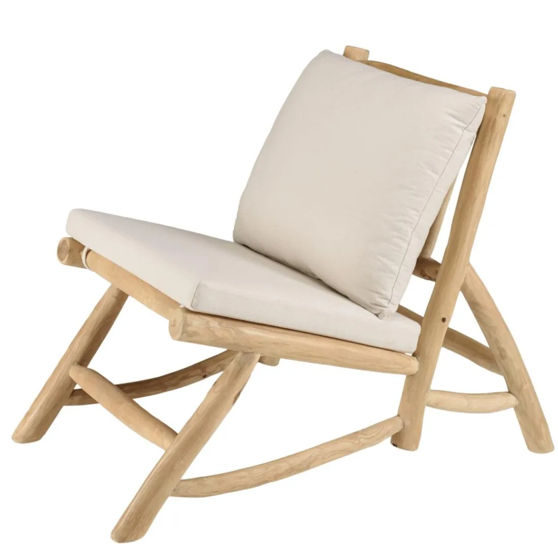 Fauteuil lounge en branches de Teck naturel avec coussin blanc WILL