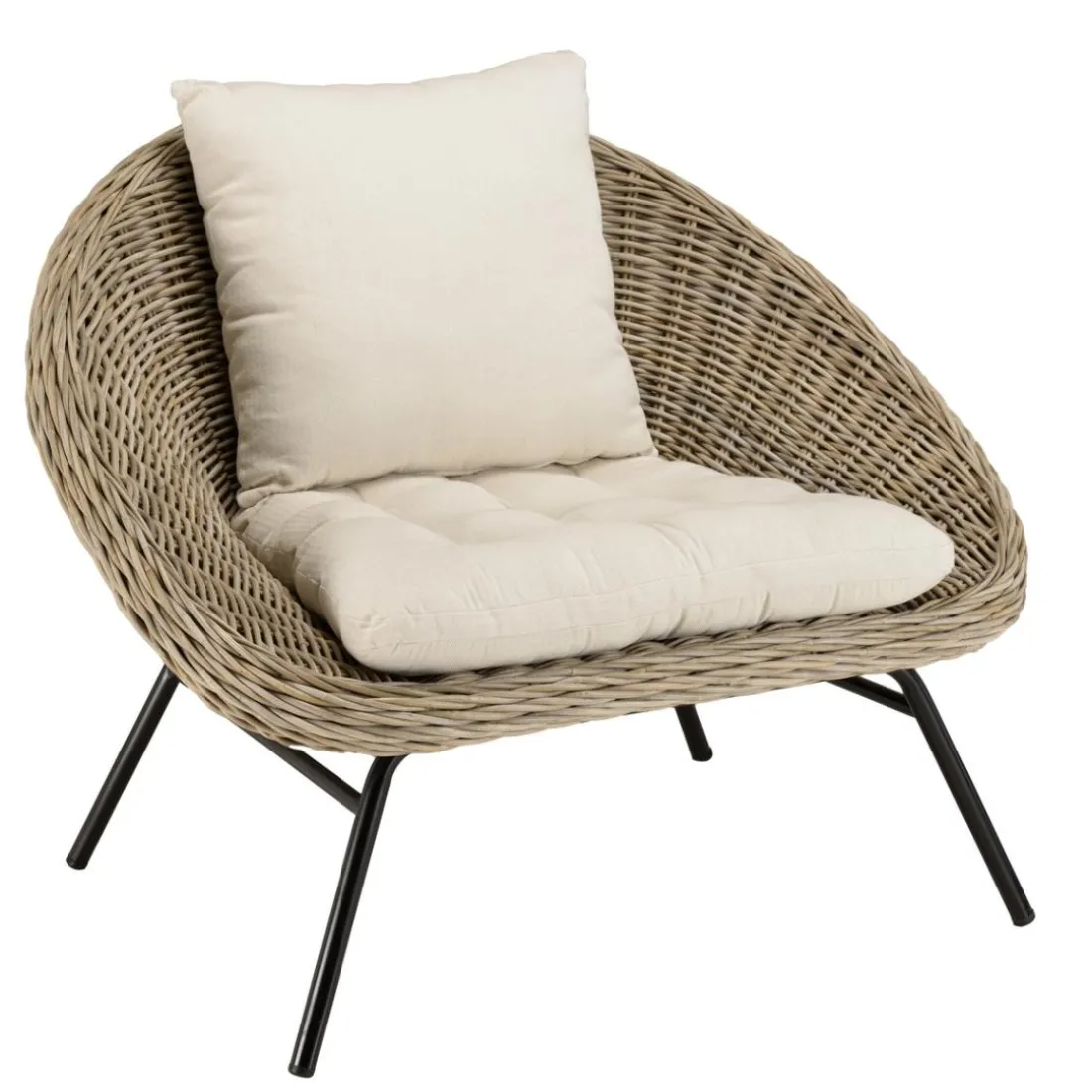 Fauteuil lounge en kubu coussin d'assise blanc pieds métal noir KALLY