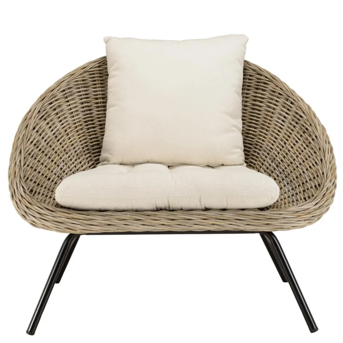 Fauteuil lounge en kubu coussin d'assise blanc pieds métal noir KALLY